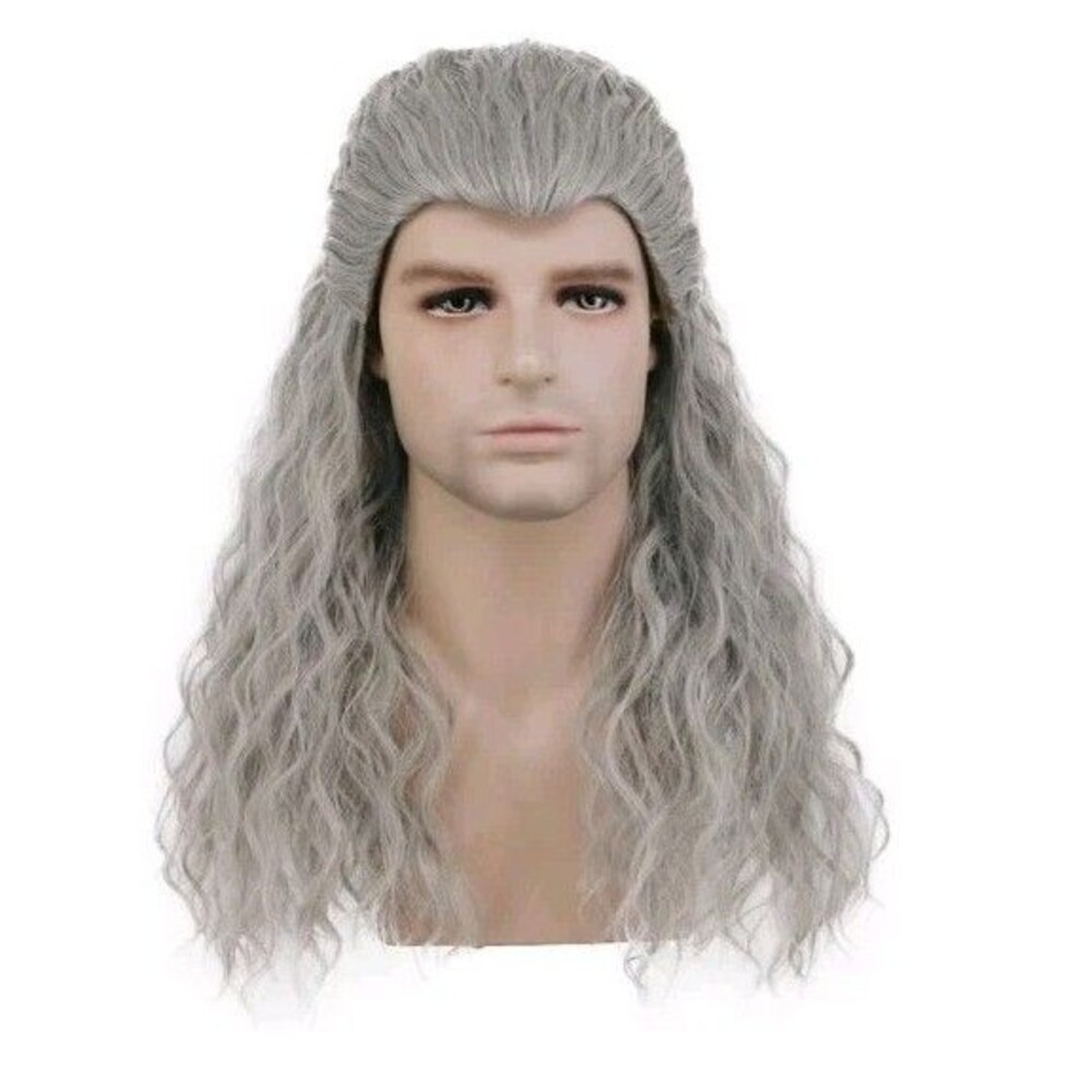 Long Men Women Silver Gray Curly Wavy Cosplay Wig Adult Halloween  NEW